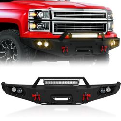 Pickup Truck Front Bumper Compatible with 2014 2015 Chevy Silverado 1500 Off-Road Bumper Equipped with 5 x LED Lights, License Plate Bracket, Winch Pl