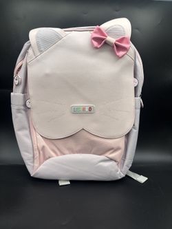 LISINUO cat-themed backpack in pastel pink and gray with a cute pink bow!