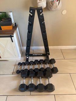 Inspire rubber 5-30lbs dumbbells weights 210lbs total plus rack