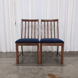 Pair of Oak Slat Back Dining Chairs with Blue Seats