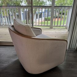  Modern Swivel Barrel Accent Chair Beige Upholstered Wood Frame Lounge Armchair