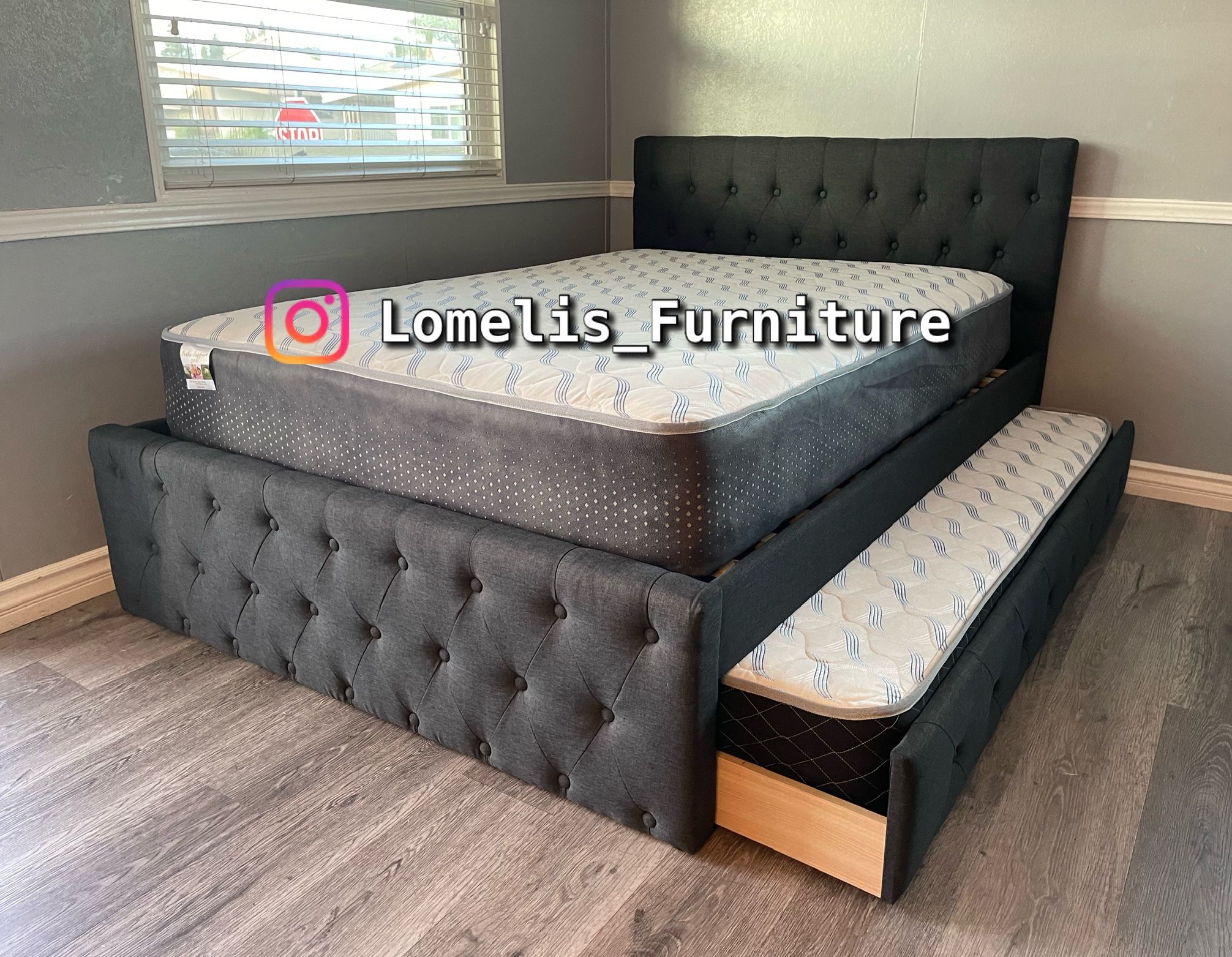 Full/Twin Gray Frenchi Tufted Trundle Beds W. Ortho Mattresses Included