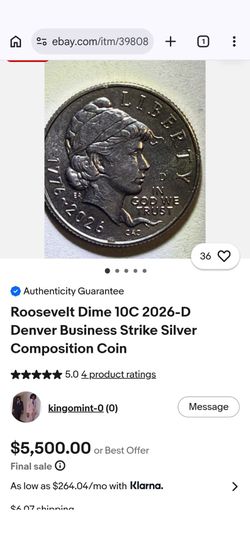 Roosevelt Dime 10C 2026-D Denver Business Strike Silver Composition Coin