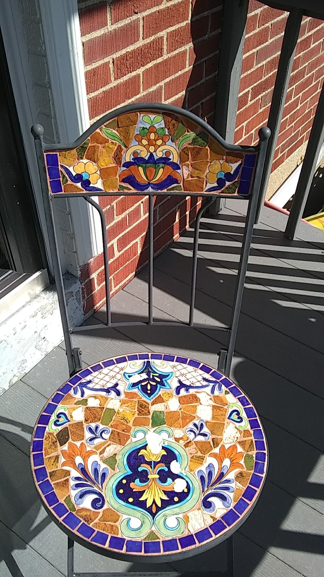 Art project scraps... Mosaic raught iron table and chairs