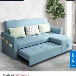 Linen Convertible Sleeper Sofa Chair Bed with Storage, Blue - 82.7"