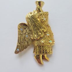 Brooch Pin Angel with trumpet Rhinestone Gold plated