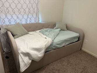 Twin Upholstered Daybed with Twin Trundle – Gray, Tufted  -$200