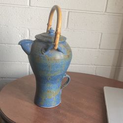 Vintage Pottery Kettle Pot With Handle Bamboo