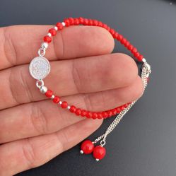 925 Sterling Silver Coral Natural Stone Saint Benedict Adjustable Bracelet