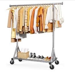 Sakugi Heavy Duty Stainless Steel Rolling Clothes Rack With Mesh Shelf, Lockable Wheels & Anti-Slip Stoppers, Large Capacity Clothing Organizer For Be