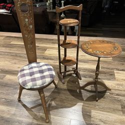 Antique Table Chair And Pie Stand 