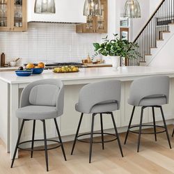 LUE BONA 26''H Swivel Bar Stools Set of 3, Counter Height Bar Stools with Backs, Lumbar Pillow and Black Metal Frames, Upholstered Morden Barstools fo