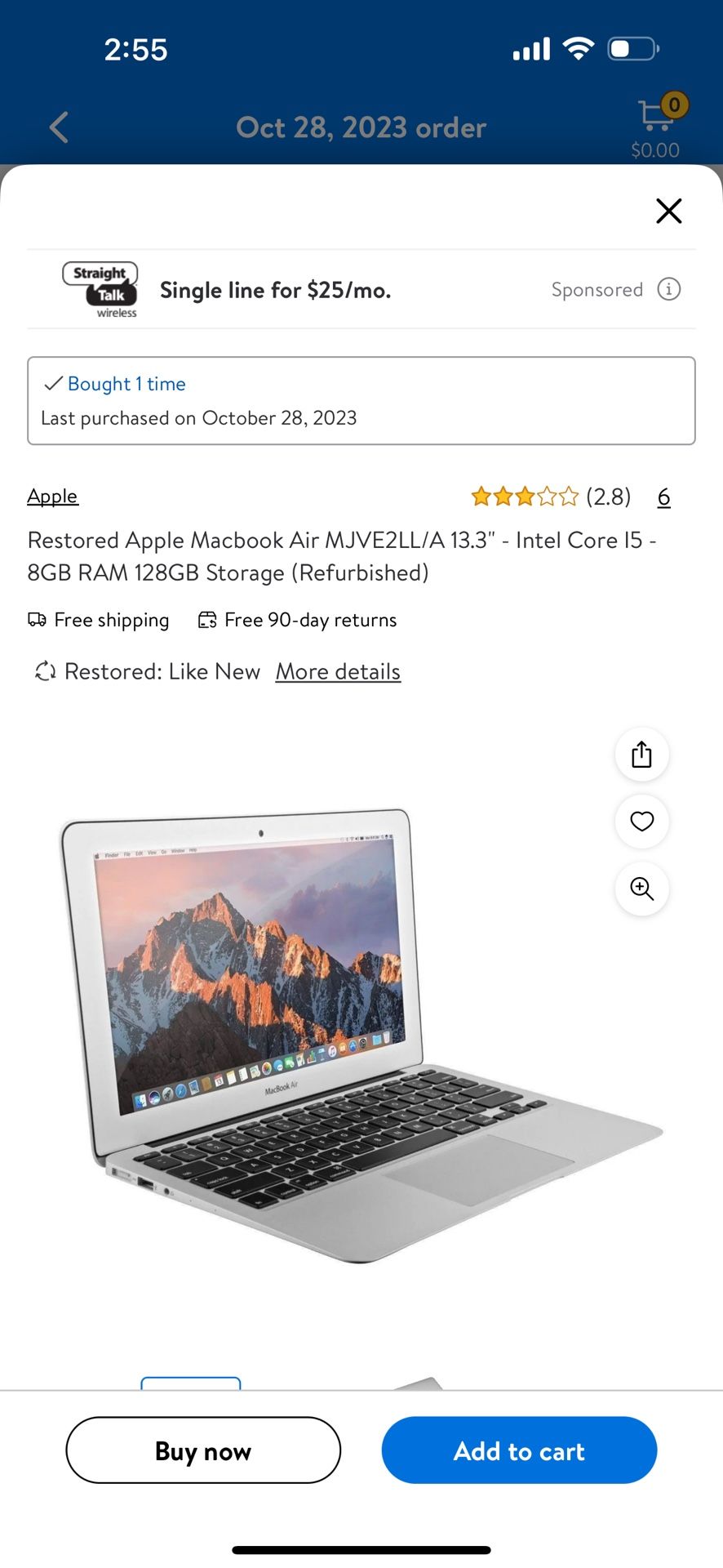  Apple Macbook Air MJVE2LL/A 13.3" - Intel Core I5 - 8GB RAM 128GB Storage 