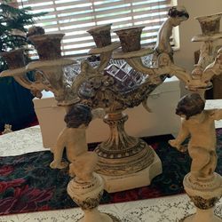 Vintage Crystal Bowl With Cherubs On Either Side. Also The Candle Stick Holders . I Also; Have The Lamp That Goes With It And Two Marble Tables.  