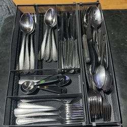 60 Assorted Silverware  Plus  Kitchen Silverware Tray 3 Pieces  / Aluminum Gray Tray 3 Pieces Drawer Organizer Can Make It Smaller Or Bigger 