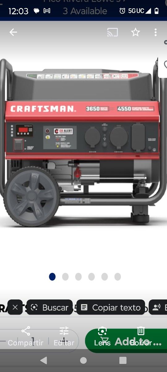 Craftsman 3650 Watt Portable Gasoline Generator With 8 In Wheels And Handle Carb/ Etl Certifed