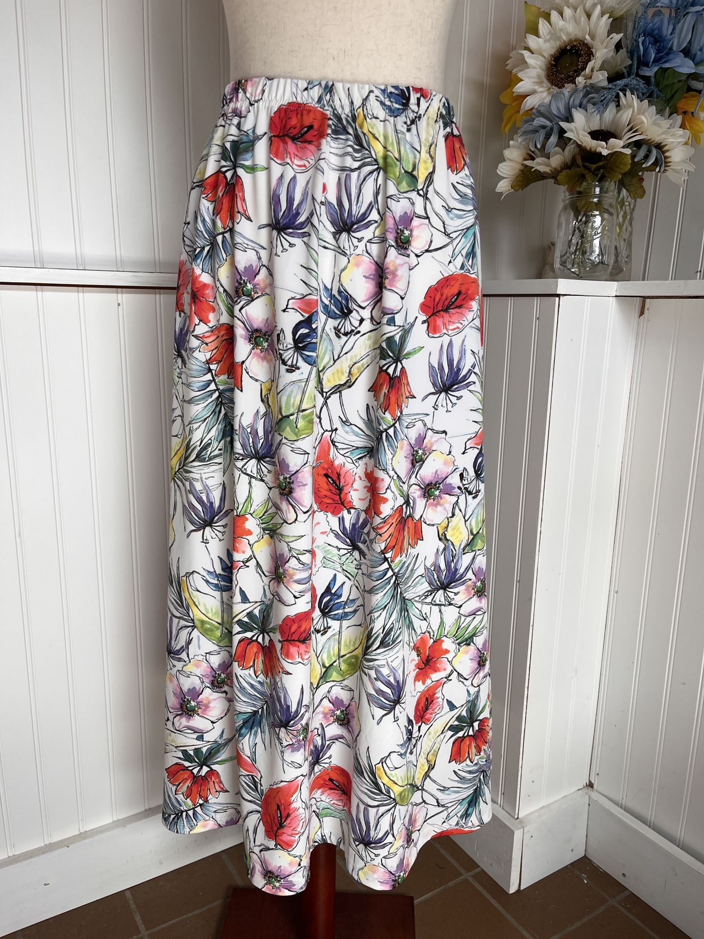 Floral-Print Skirt, Flat Elasticized Waist 