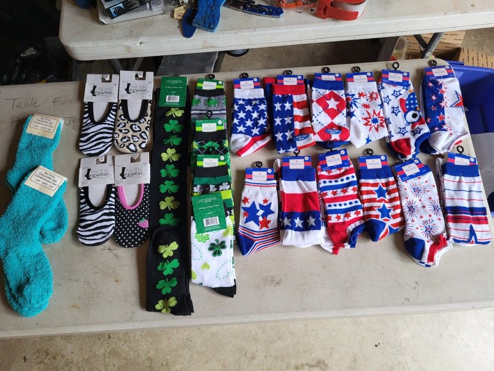 23 New Pairs Of Socks And Slippers,  4th Of July. St Patrick's And More