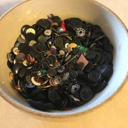 Antique pacific stoneware  mixing bowl full of antique buttons