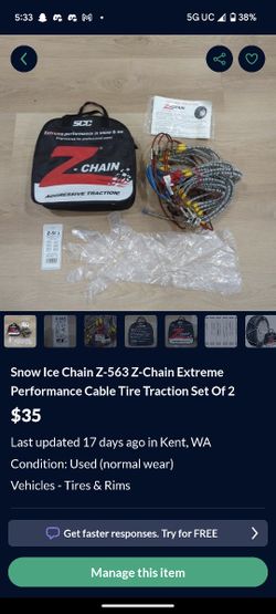 Snow Ice Chain Z-563 Z-Chain Extreme Performance Cable Tire Traction Set Of 2
