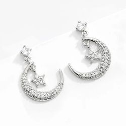 925 Sterling Silver Classic Star Moon Paved Earringsk