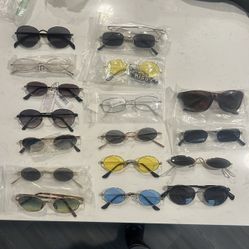 Lot of 18 Pairs Of Sunglasses (Black, Gray, Blue, Yellow, Green, Red, Clear Lenses)