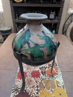 Handmade Glazed Vase with Wrought Iron Tripod Stand