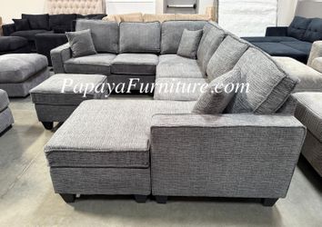 NEW Large U Shape Sectional Sofa and Reversible Left Right Chaise with Ottoman Set GREY Chenille Fabric Ashley Style BIG Seccional Gray Black COUCH