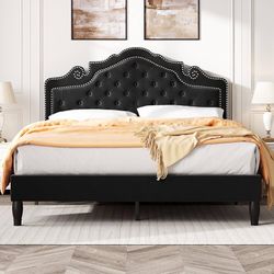 Full Size Bed Frame with Adjustable Headboard/Velvet Upholstered/Diamond Button Tufted and Metal Studs/No Box Spring Needed/Wood Slat Support
