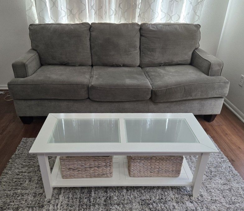 GREY SOFA, COFFEE TABLE & RUG $100