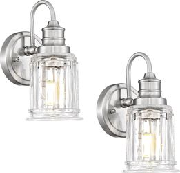 Brushed Nickel Bathroom Wall Sconces, Set of 2, Modern 1-Light, Fluted Glass