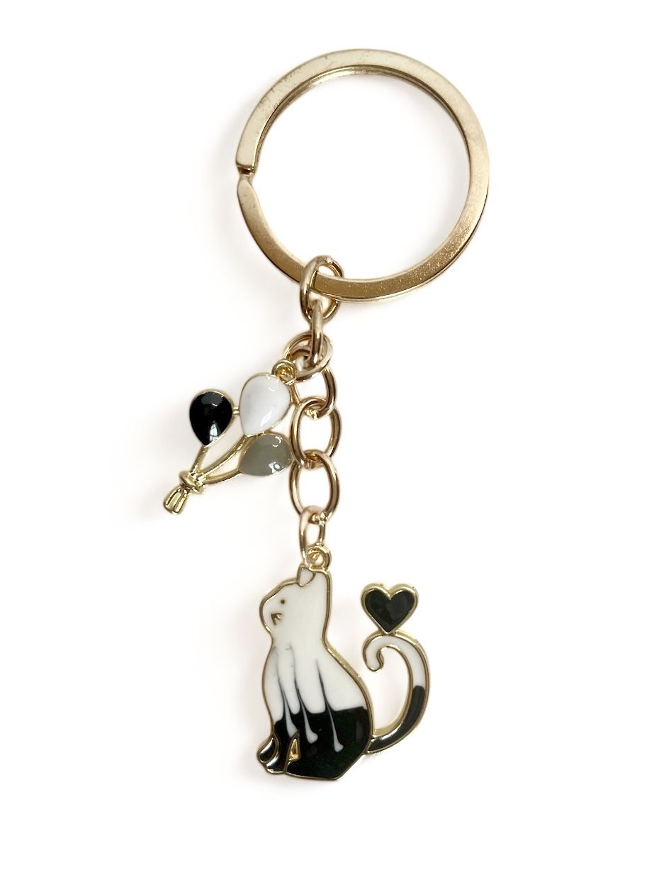 Kitty Cat Keychain Gold Black White Love Hearts Chic Pet Lovers Gift