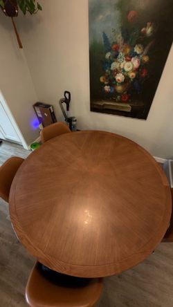59" Round Walnut Dining Table + 4 Chairs