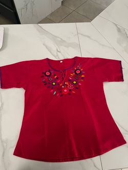 Red Embroidered Floral Blouse Top