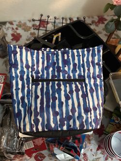 Blue and White Tote Bag with Zipper Pocket