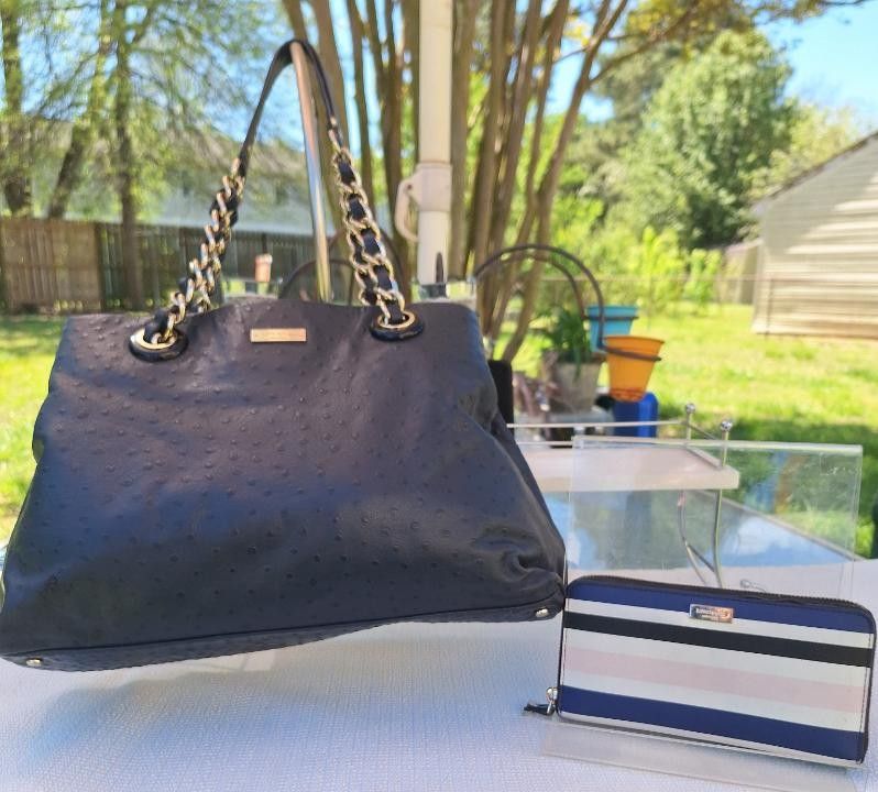 Kate Spade Navy Blue Ostrich Leather Shoulder Bag & Wallet
