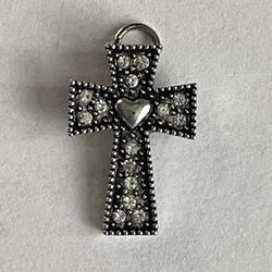 Cross Pendant With Heart Clear Crystals Silver Tone