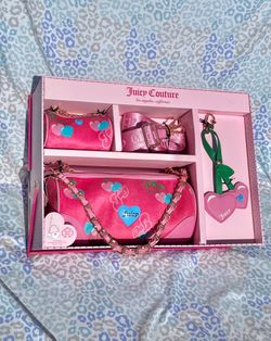 New Salmon Juicy Couture Purse Set Cherry Velour Barrel Bag + Mini Bag + Charm