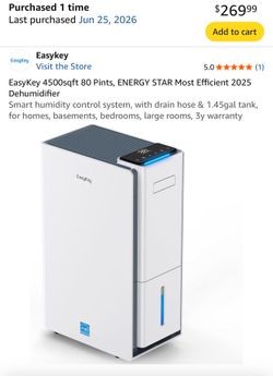 EasyKey 4500sqft 80 Pints, ENERGY STAR Most Efficient 2025 Dehumidifier Smart humidity control system, with drain hose & 1.45gal tank, for homes, base