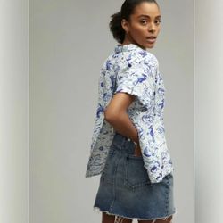 Anthropologie Maeve Women’s S Classic Blue White Surf Shirt Linen Blend Button 
