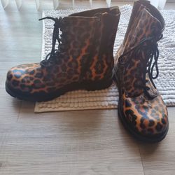 Leopard Print Lace-Up Combat Boots