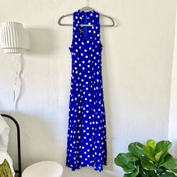 Vintage 70s Royal Blue Polka Dot Square Neck 100% Rayon Maxi Dress | XS