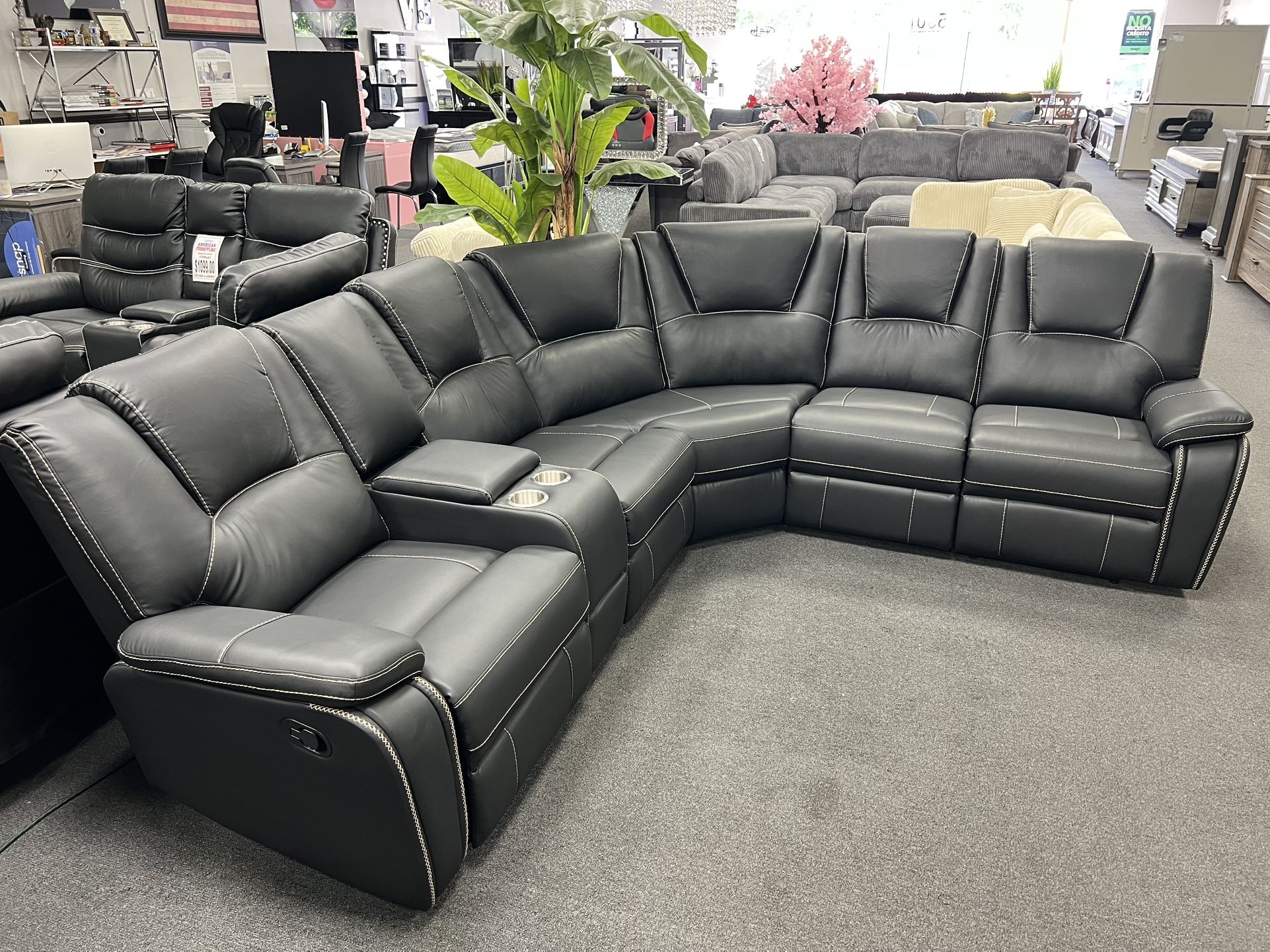 Gray Leather Sofa Sectional 3x Recliners