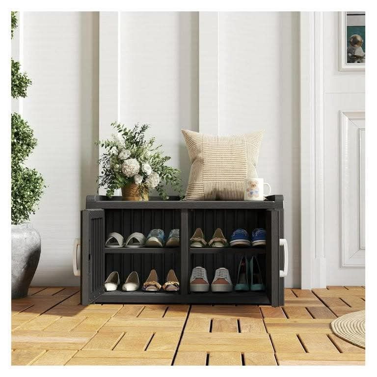 Outdoor Shoe Storage Cabinet, Waterproof UV-Resistant Entryway Storage Bench Indoor Outdoor with 2 Barn Doors, Adjustable Shelves for Entryway, Bedroo