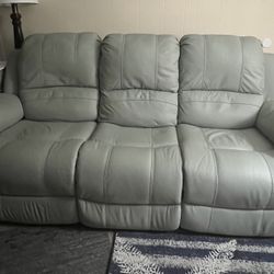 Leather Manual Reclining Rocker Sofa Couch - Seafoam Green Color
