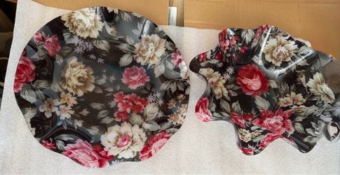 Set of 2 vintage ruffled edge floral serving tray and bowls made of resin, $20