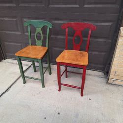 Matching Heavy Solid High-back Wooden Bar Stools