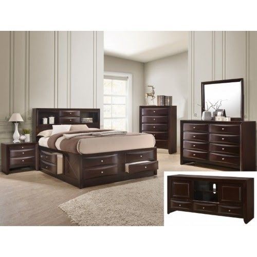 Brand New Dark Cherry Queen Captain Bedframe + Dresser + Mirror + Nighstand 4PCs Bedroom Set 