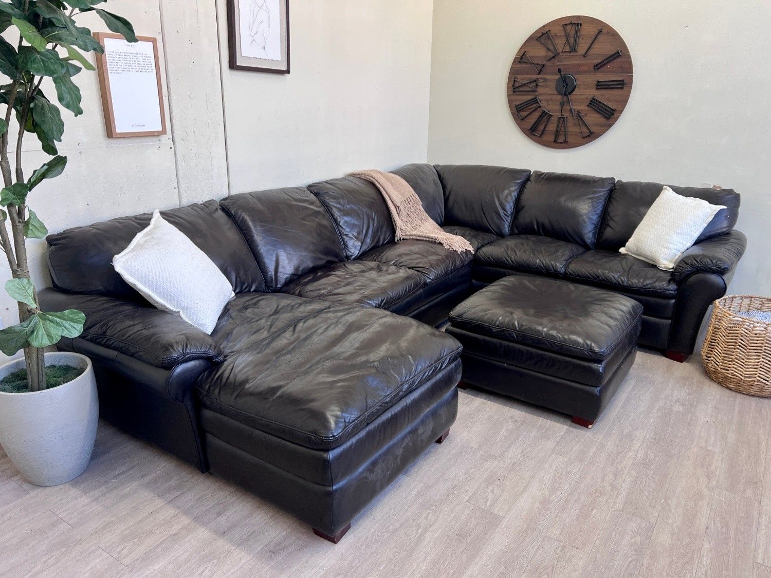 WE DELIVER! ๐ - Jordanโs Furniture Dark Brown Genuine Leather Modern U Sectional Couch with Chaise & Ottoman Set