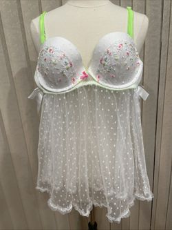 Victoria's Secret White Mesh Babydoll Lingerie Sheer Top Padded Bra 36C. Excellent! Sexy!